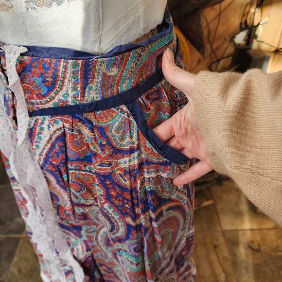Vtg Handmade Ruffle Paisley Colorful Frill Whimsi Pocket Lace Button Up Skirt - Picture 7 of 8